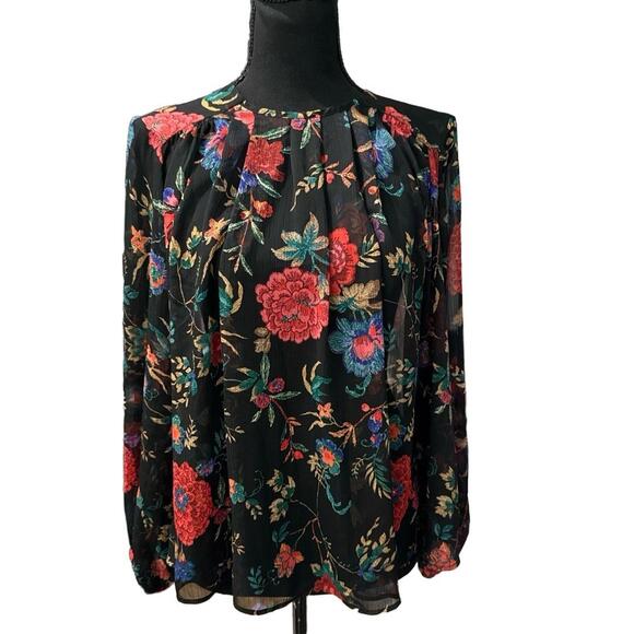MAEVE by Anthropologie Long-Sleeve Pleated Floral Peasant Blouse in Black-Small - Picture 5 of 13